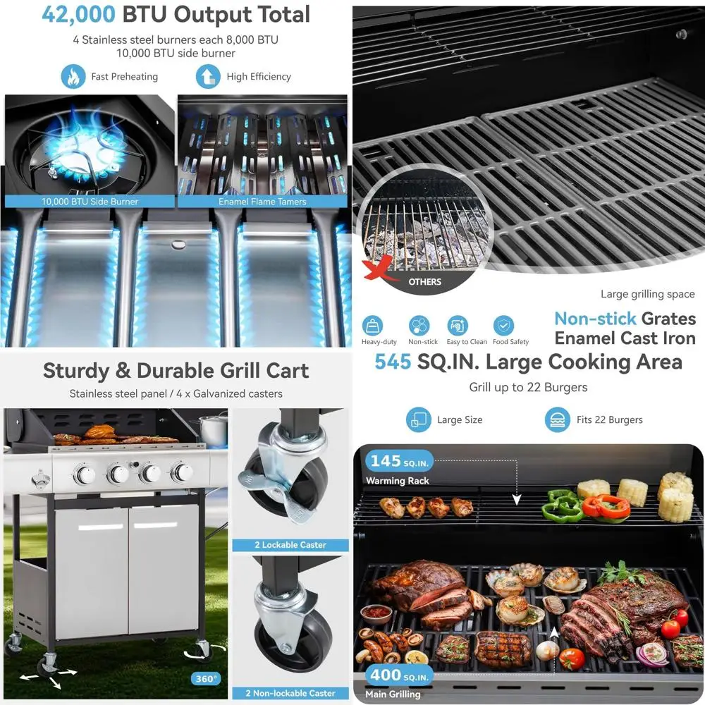 

4-Burner Propane Gas Grill with Side Burner and Porcelain-Enameled Cast Iron Grates, 545 SQIN, 42,000 BTU Outdoor Cooking Patio