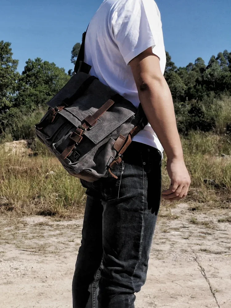 Vintage Canvas with Crazy Horse Leather Crossbody Bag Men Women Messenger Bag Shoulder Casual Satchels