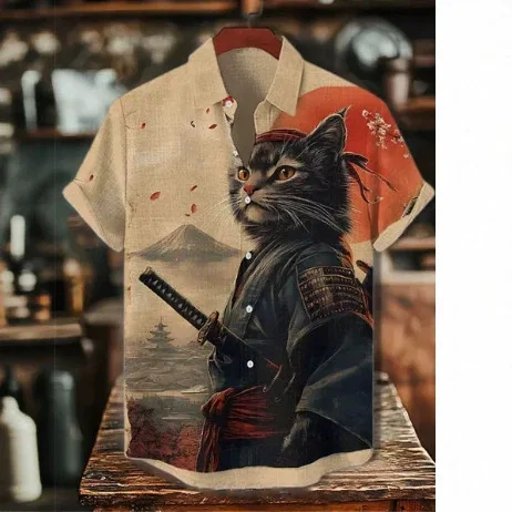 Image of Retro Hero Warrior Cat Landschaftsbedrucktes Kurzarmhemd für Herren im Sommer, dünn, lockerer Kragen, vielseitiges Oberteil für Paare auf Reisen