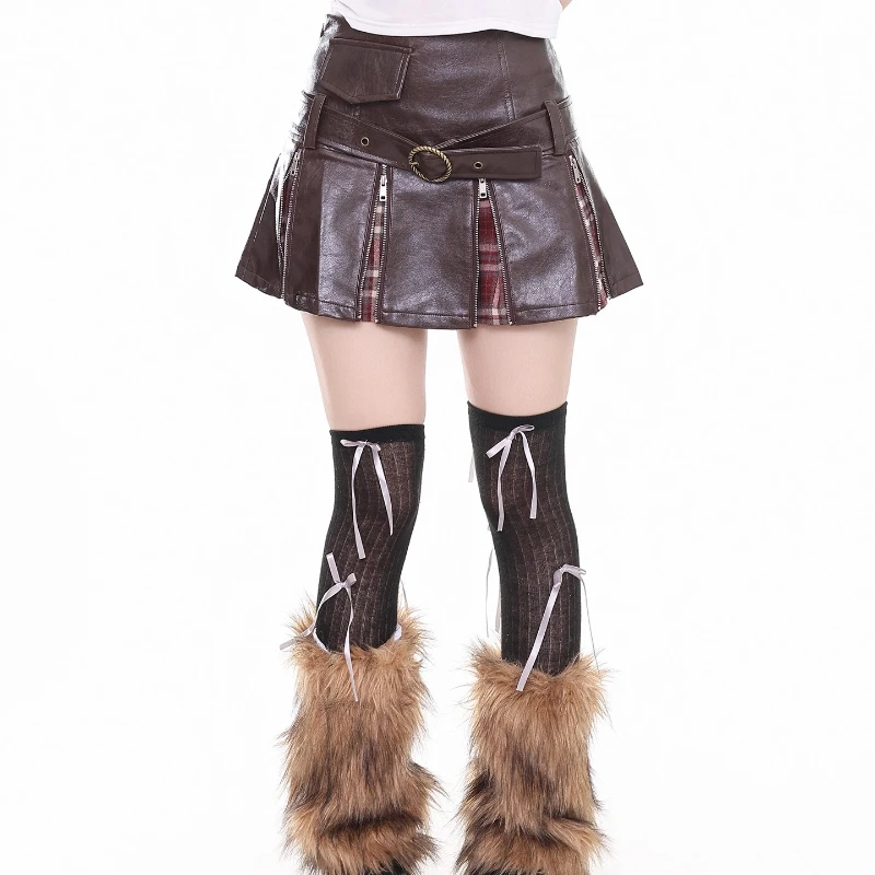 กระโปรงสั้นทรงเอเข้ารูปเอวสูงสไตล์ยุโรปอเมริกันย้อนยุค ผ้า PU ลายสก็อตต่อผ้า จีบระบาย สำหรับผู้หญิง ใส่ได้หลายโอกาส เหมาะกับฤดูหนาว