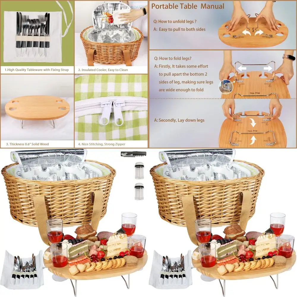 

Picnic Basket Set for 4 with Folding Table, Insulated Cooler, and Cutlery for Couples or Weddings