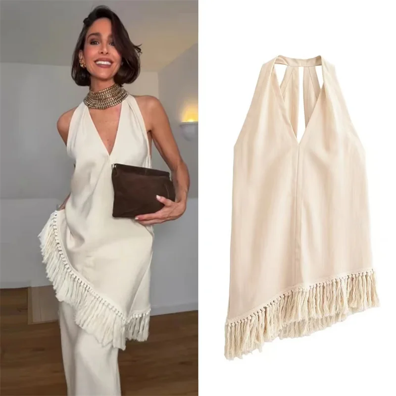 

Женский топ 2026: Новинка лета, цвет слоновой кости, с воротником-халтер, декоративными кисточками, свободный асимметричный крой, уникальный, модный, элегантный, подчеркивающий темперамент