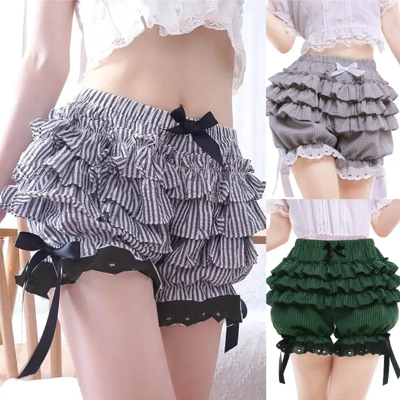 Lindos pantalones cortos Lolita con lazo y encaje floral, pantalones bombachos dulces para mujer para uso diario, conjunto de cosplay Lolita a juego.