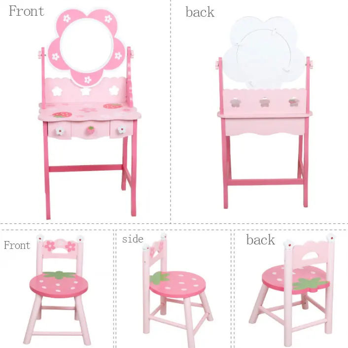 새로운 나무 핑크 꽃무늬 대형 어린이 화장대 세트 장난감 (거울 포함)