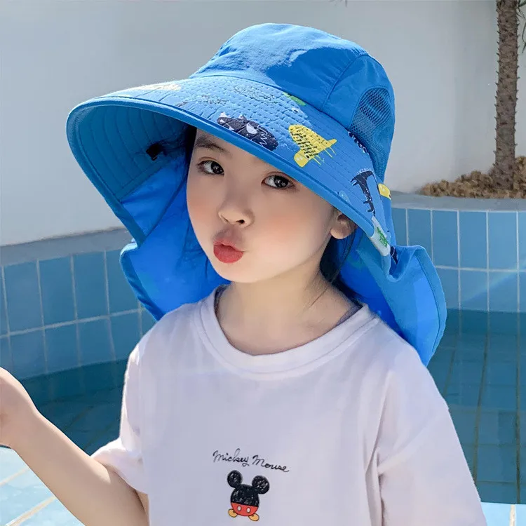 Baby Bucket Hat Neck Guard Wide Brim UV Protection Boys Girls Cap Children Panama Outdoor Beach Sun Hats Cartoon Fisherman Caps