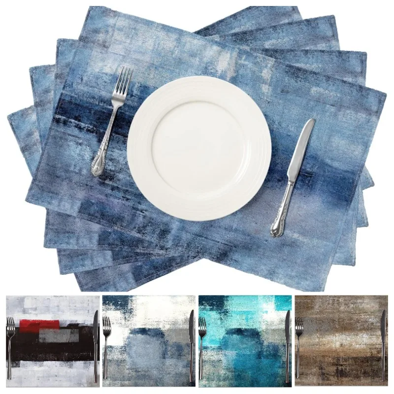 Minimalismus Leinen-Tischsets, blaues und graues Geschirr, rutschfeste Matte, moderne abstrakte Kunst, Heimdekoration, Tischsets, 4/6/8 Stück