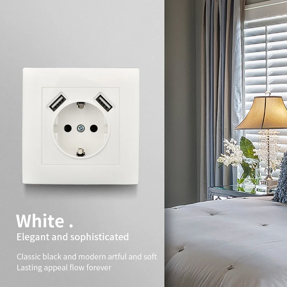 

Двойная розетка USB 2.1A, стандартная электрическая розетка ЕС, стандартная заземляющая вилка с настенной розеткой USB, огнестойкий пластик