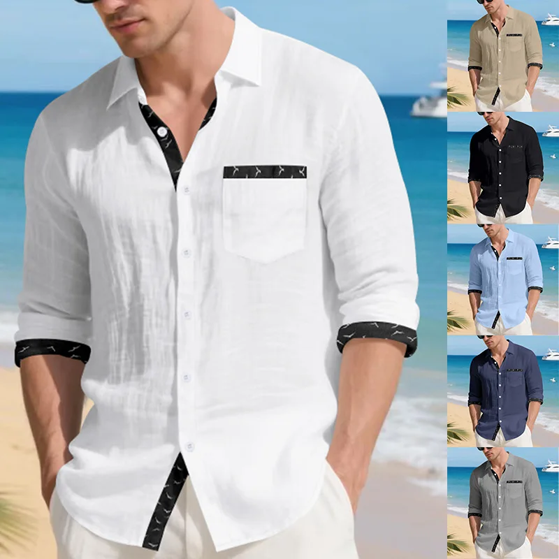 

2026 Cross-border spring new linen long-sleeved men's shirt simple printed lapel casual t-shirt bottoming shirt