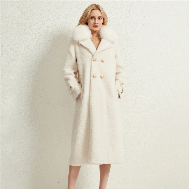 Aorice Women Real Sheep Fur Jacket Coat Female Wool Fur Fox Fur Collar X-long Trench Plus Size Parkas Coats Jackets H1706