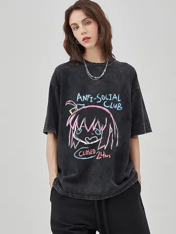 Men Oversized Printed Tshirts Bocchi Club Music Band Anime Bocchi The Rock Cotton Tops Creative Crew Neck Tees Washed TShirt