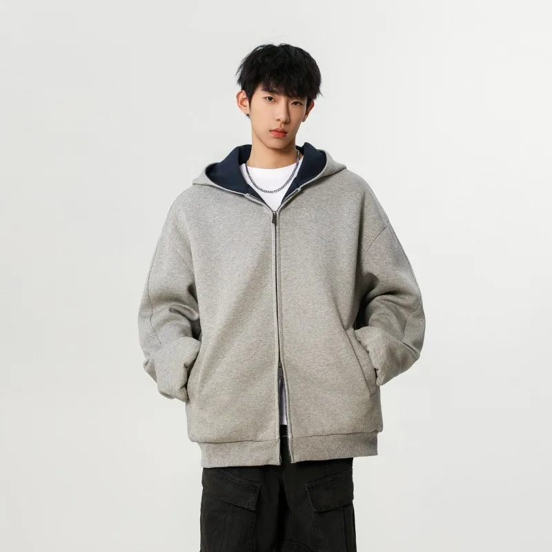 Korean Fashion Oversized Loose Hooded Jacket for Men 2026 Autumn New High Street Contrasting Men's Casual Zipper Jacket Coats