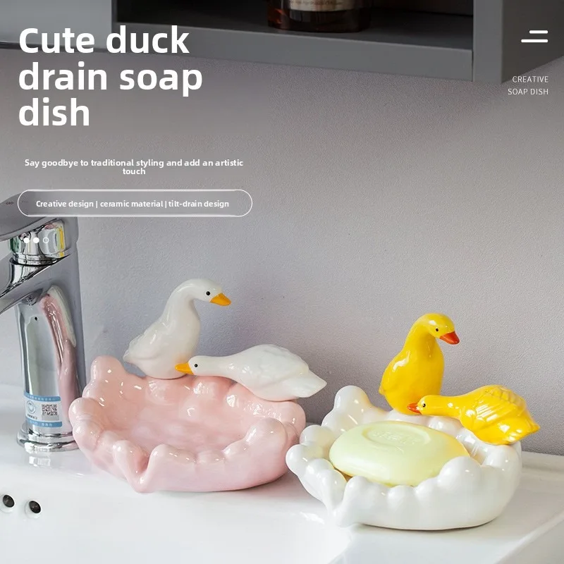 1pc Cute Duck Ceramic Soap Dish Decorative Soap Holder Craft Ornament Bathroom Counter Washroom Daily Storage Decor Accessory view 4