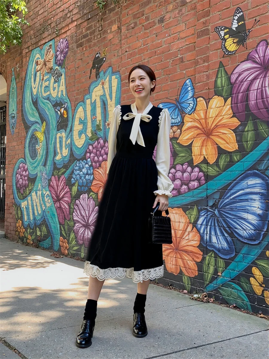 Vestido preto feminino manga longa ajuste regular estilo preppy outono primavera festa meados de bezerro floral boêmio em camadas painéis