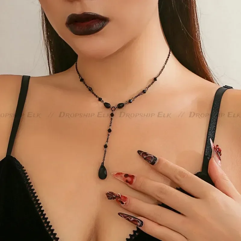 أسود قطرة الماء كريستال الصدر سلسلة قلادة للنساء Collares خمر مثير ربط المختنق Y2K هالوين مجوهرات اكسسوارات