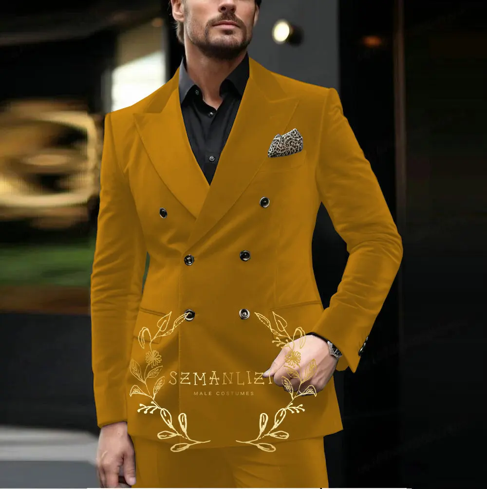 Grey Men's Velvet Suits Double Breasted Blazer Peak Lapel Slim Fit Tuxedo Suits for Men Wedding Dress Business Prom Suit for Men
