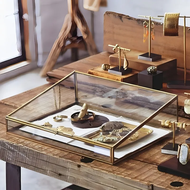 Glass Transparent Jewelry Box Brass with Copper Edges Lockable Storage Case Specimen Collectibles Display Makeup Organizers