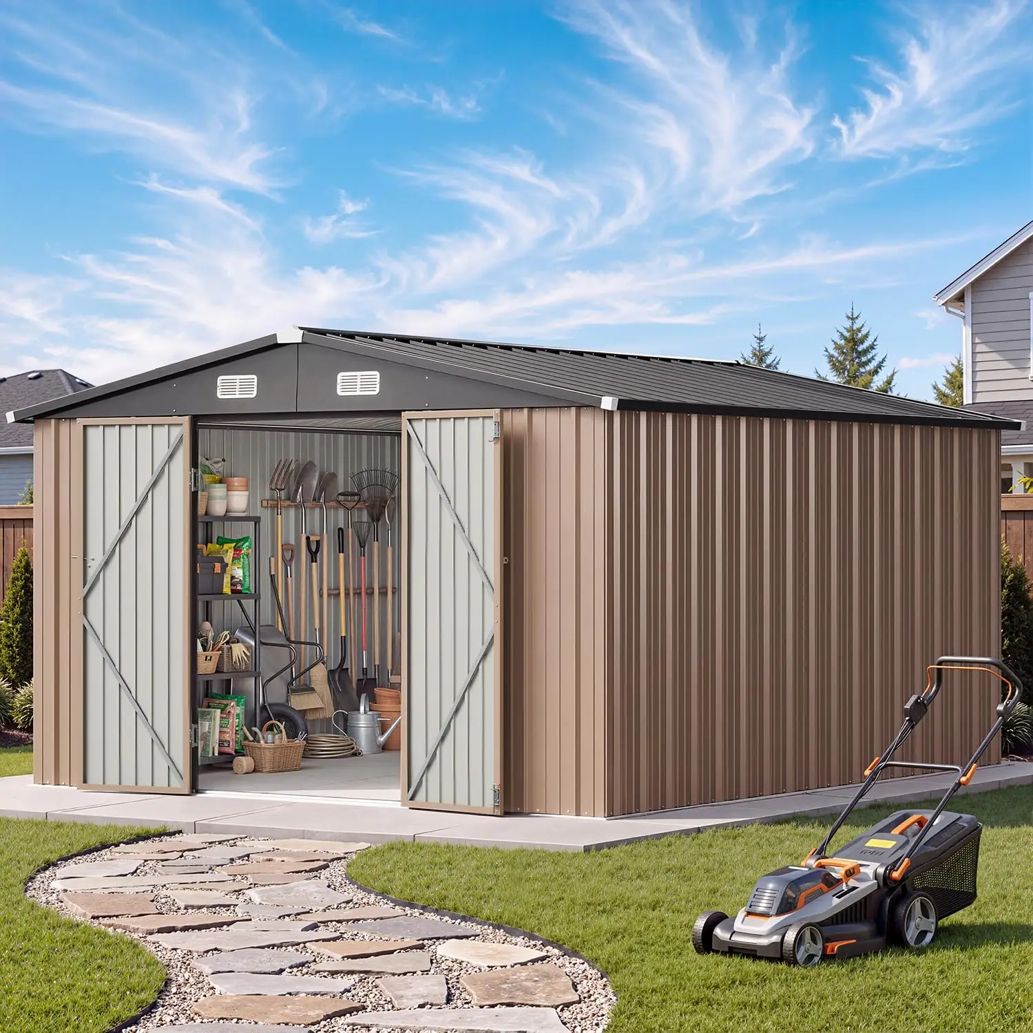 10x12 FT Outdoor Storage Shed with Lockable Double Door, Light Brown