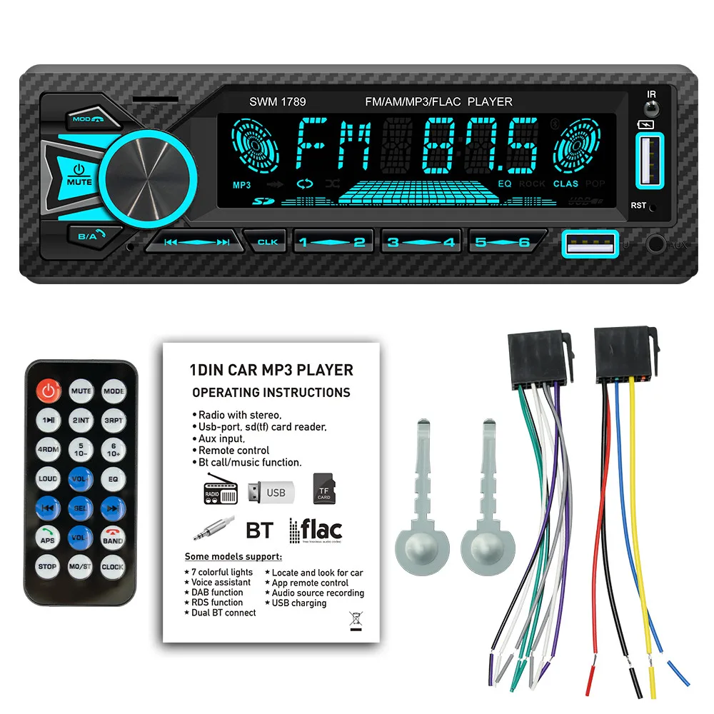 Autoradio Stéréo Bluetooth avec Bouton de Document FM, Contrôle à Distance par Application, Lecteur de Limitation 1Din, 3 Lecteurs