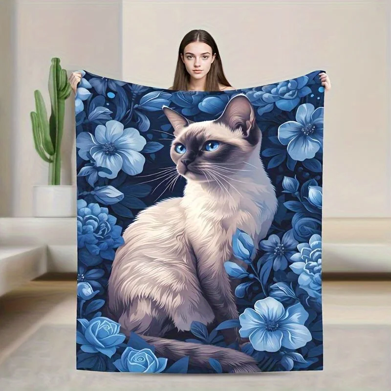 Reversible Flannel Blanket - Siamese Cat & Blue Floral Throw, Camping - Luxury Decorative Gift for Pet Lovers & Home Decor