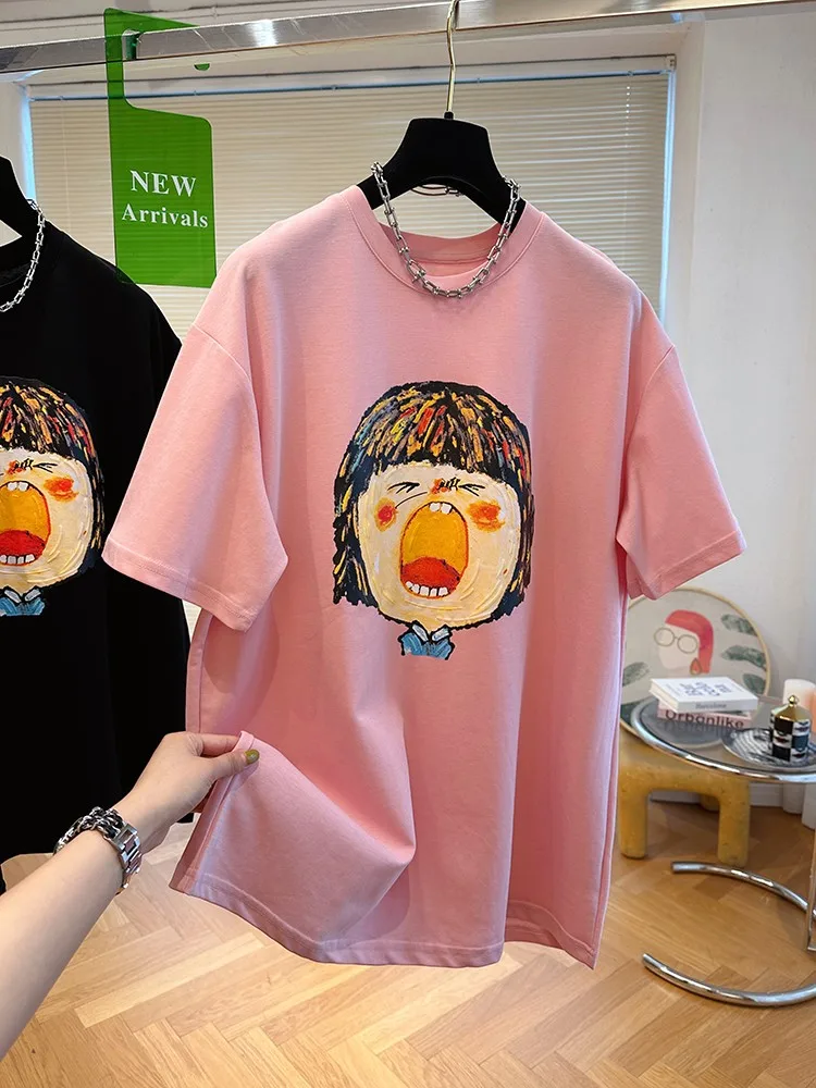 Large Size 300 Pounds 2026 New Loose Hand-Drawn Cartoon Doll Graffiti Print Women's Short Sleeve Top Summer Wear T-Shirt