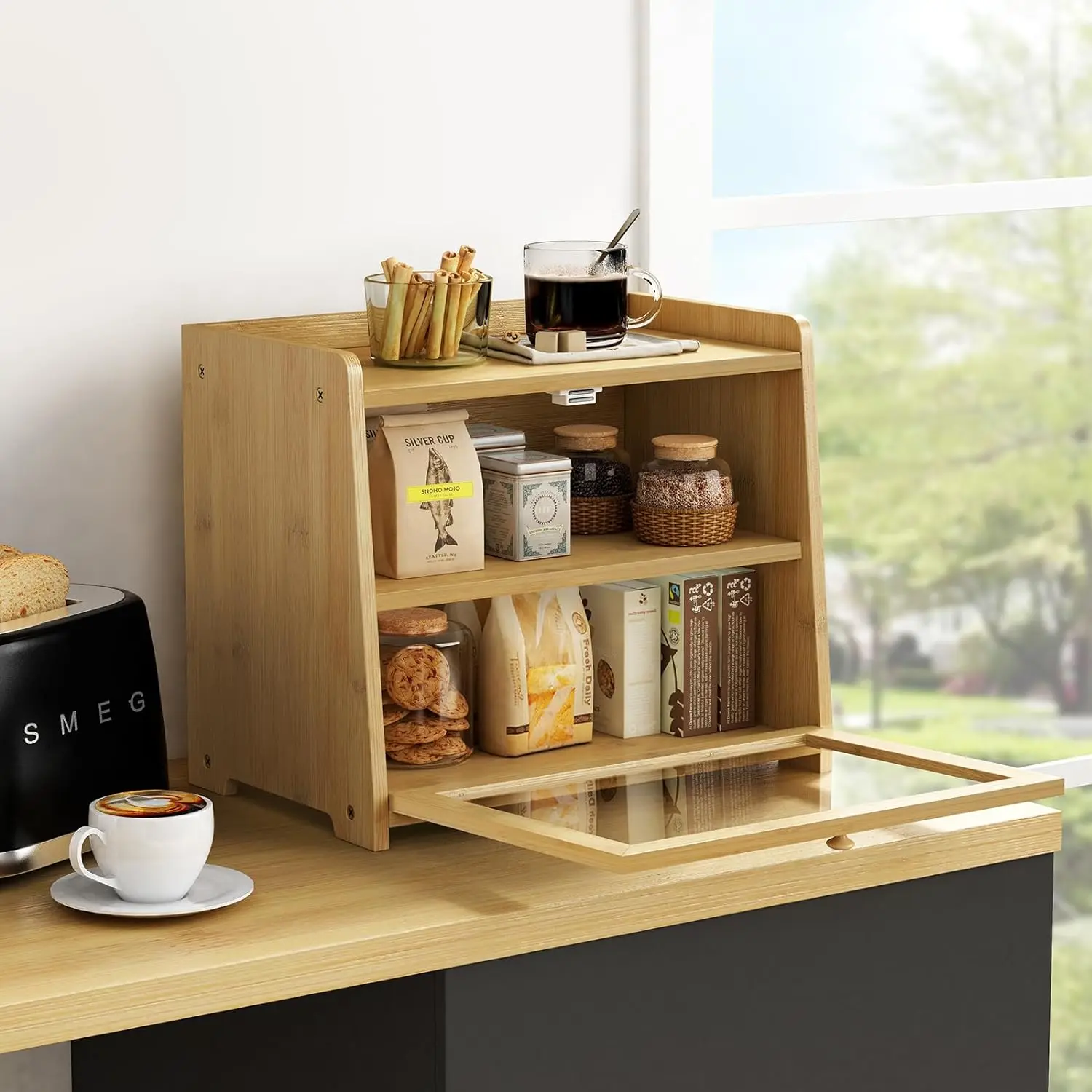 

Bamboo Bread Box for Kitchen Countertop Wooden Kitchen Counter Organizers and Storage for Bread Coffee Spices Snacks