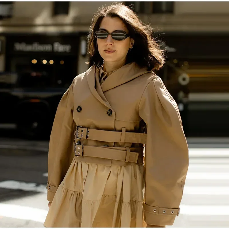 

2026 Fashion Lady CoatElegant Women's Short Jacket Khaki Long Sleeve Button V-neck Patchwork Female Coats with Belt