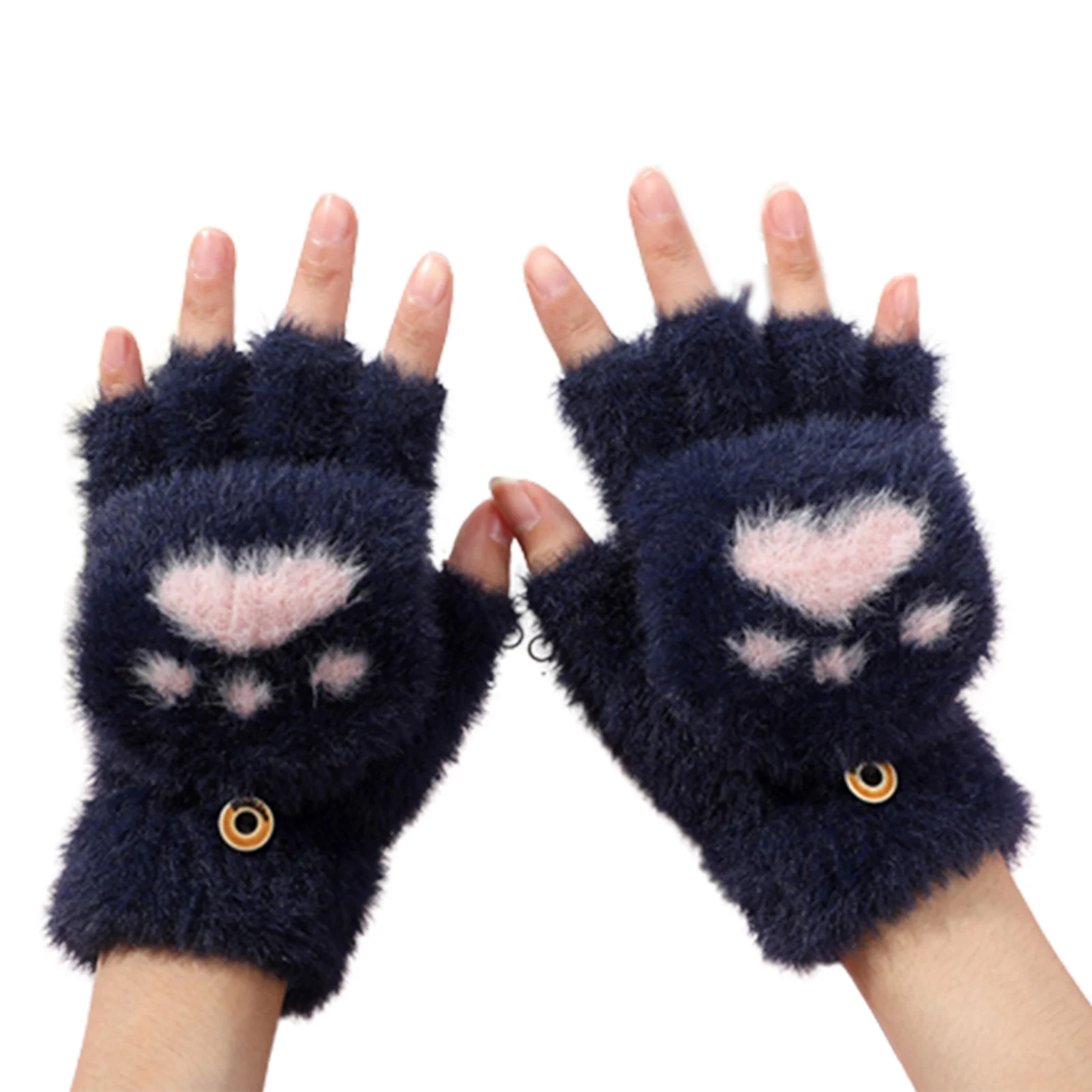 

Plush Kawaii Cat Paw Gloves Thermal Insulation Warm Convertible Fingerless Gloves for Ladies Female Girls