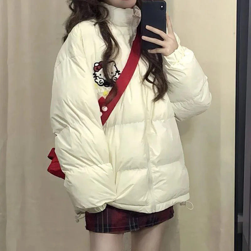 Kawaii Hello Kittys Katoenen Gewatteerde Jas Vrouwen Amerikaanse Casual Katoenen Jas Mode Rits Vest Tops Winter Warme Bovenkleding