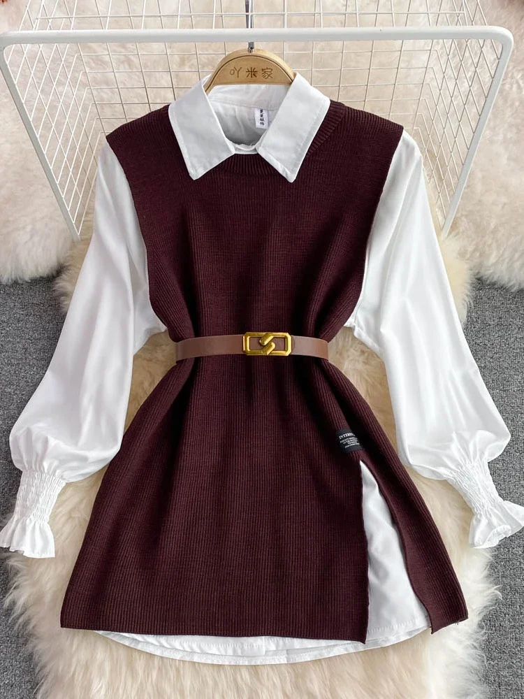 Korean Chic  Lapel Lantern Sleeves White Shirt +V-neck Knitted Vest Two-piece Set Clothes Women New Autumn 2024 B424