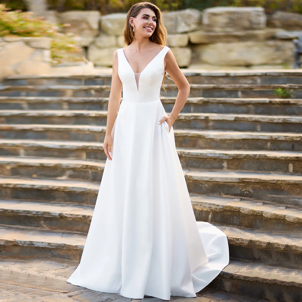 Modest Women A-Line Jersey Wedding Dress with Pockets and Button Decoration Customized Deep V-Neck Sleeveless Bridal Gowns