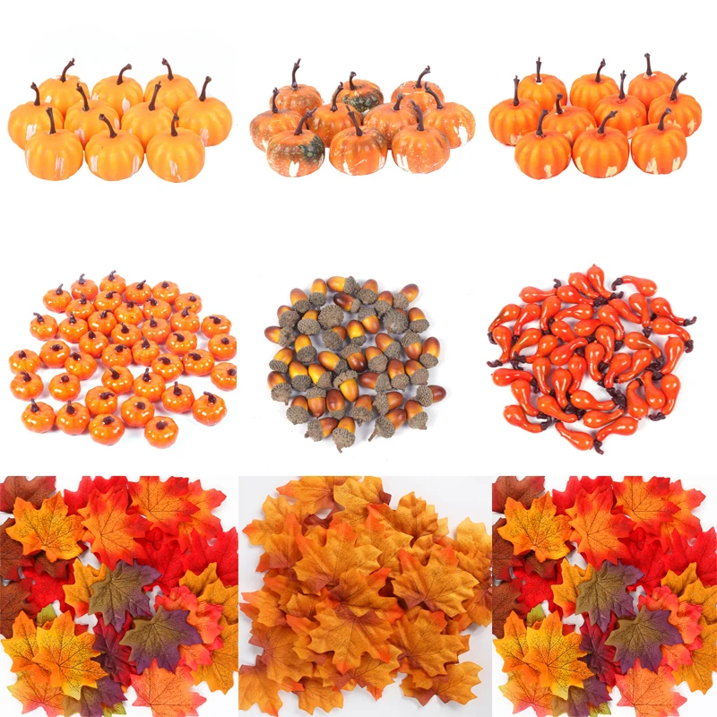 Mini Artificial Pumpkin Pine Cones Simulation Maple Leaves Halloween Pumpkin Thanksgiving Autumn Wedding Photo Props Decorations