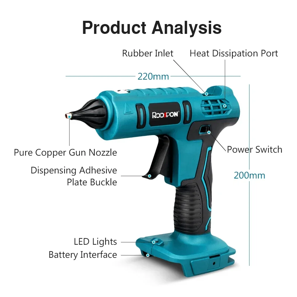 RDDSPON Electric Hot Melt Glue Gun Cordless 100W with 10pcs 11mm Glue Stick 21V Battery Car Repair Tool  For Makita Battery