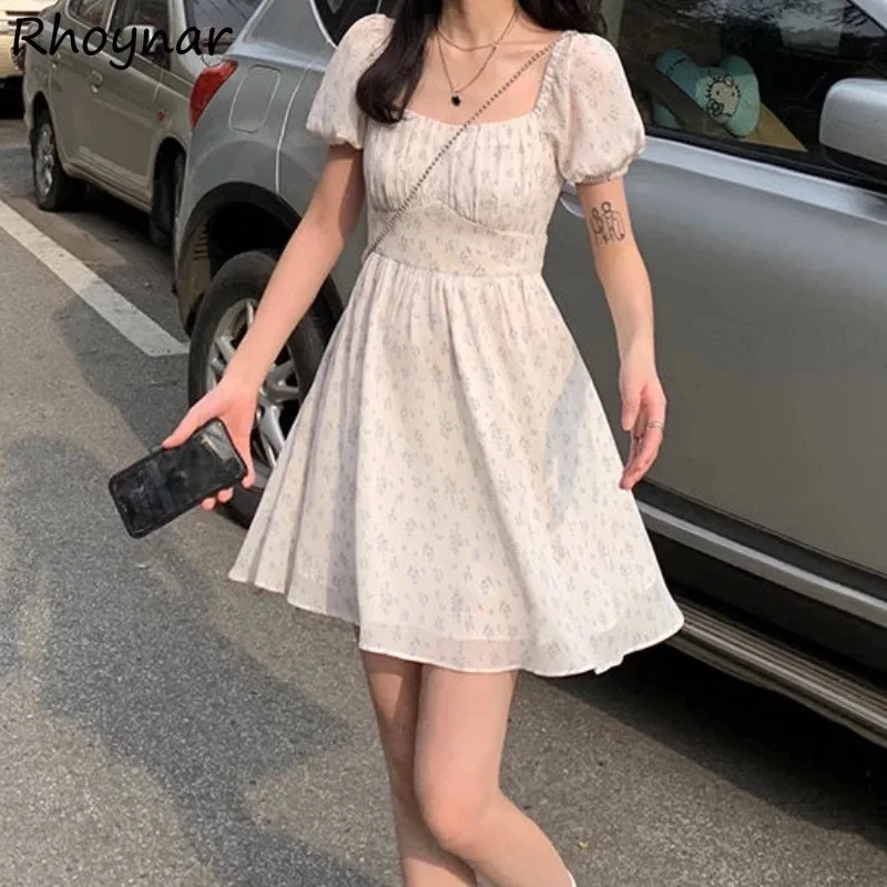 

Mini Dresses Women Puff Sleeve Lace-up Floral Leisure Daily Korean Style Trendy Girlish Gentle Elegant Summer Lovely Clothes