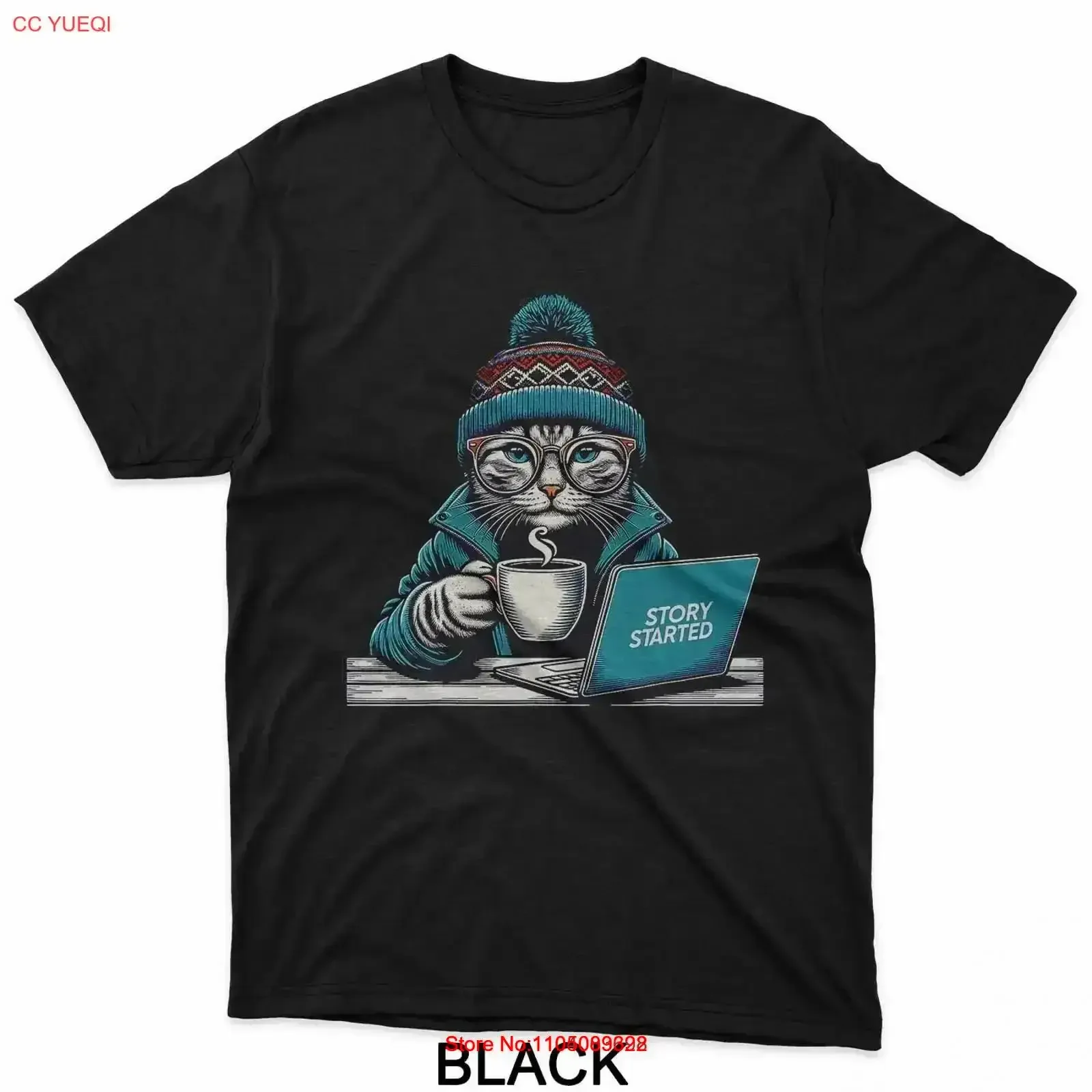 تي شيرت قطة لبدء القصة مع كمبيوتر محمول عتيق مغسول وقابل للتنفس قليلاً ومتعدد الاستخدامات ملابس أنيقة ومريحة