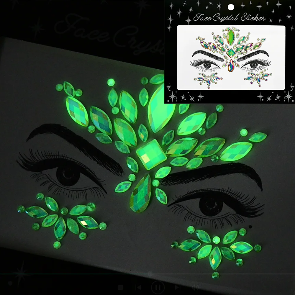 1Pcs 3D Luminous Rhinestone Face Tattoo Sticker Glow-In-Dark Glitter Crystal Tattoos for Party Festival Makeup Body Decor Jewels