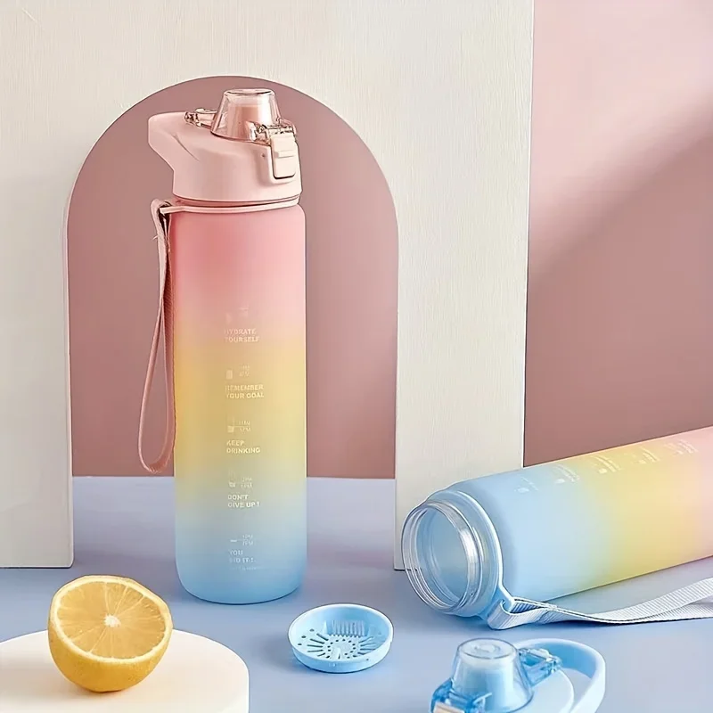 1pc Rainbow Color Water Bottle, Motivational Tracking Water Bottle With Time Marker And Portable Rope, Straight Drinking Bottle,