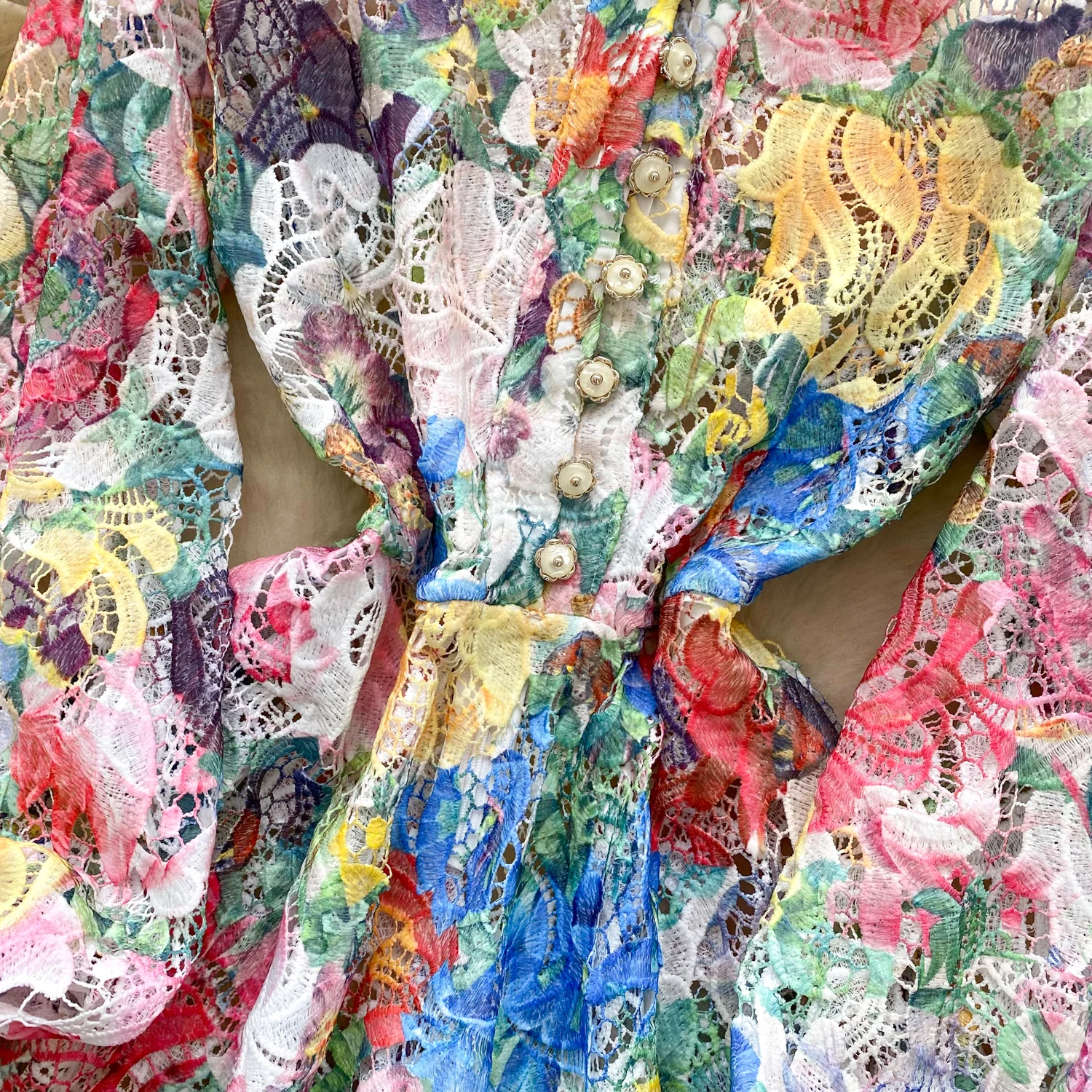 2025 French Style Elegant High-end Evening Dress Women's Tulle Cutout Crochet Print Lantern Sleeves Dress Retro Holiday Clothes