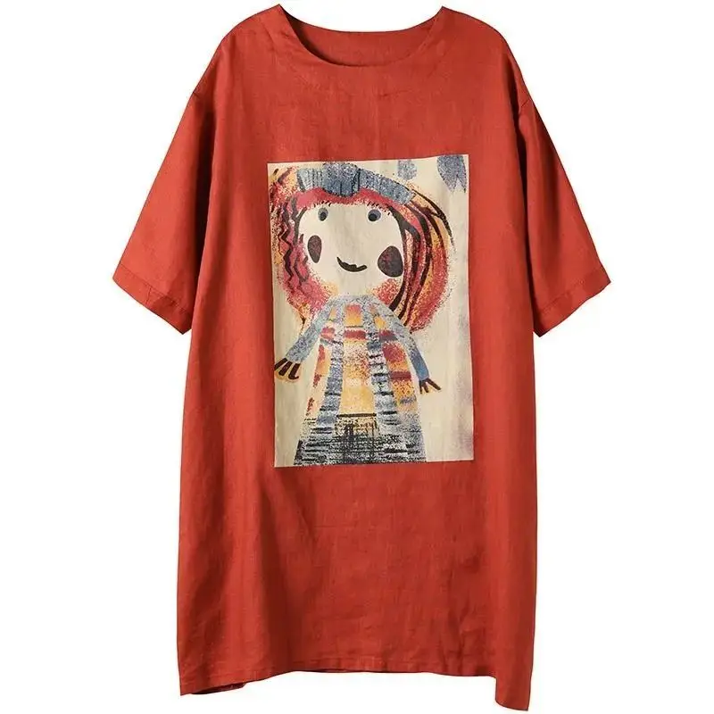 Women Y2K Printed Casual Tunics Summer Loose Simple Cartoon Chic T-shirts Female Cotton Linen Korean Style Pullovers