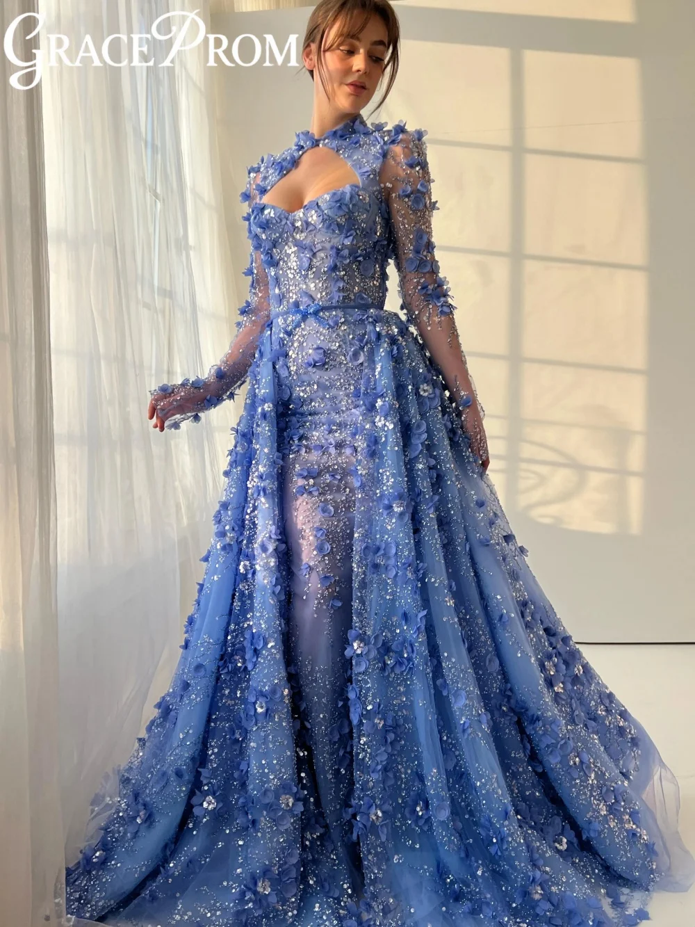 

Blue Exquisite Beaded Evening Dress With Overskirt Charming 3D Flower A-line Tulle Wedding Party Gown Customized Prom Dresses