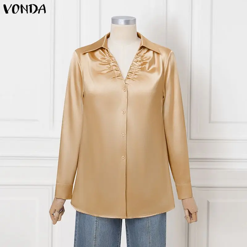 Plus Size 5XL VONDA Elegant Women Shirt Long Sleeve Satin Blouse Autumn Sexy V-Neck Pleated Office Lady Fashion Blusas Solid Top image 4