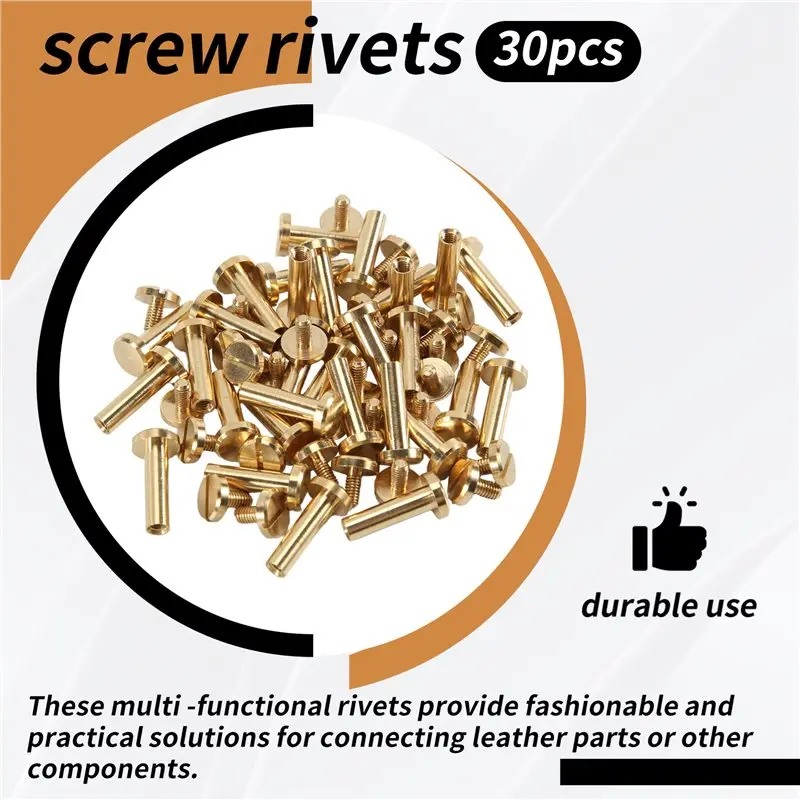 Y42A-30Pack Brass Chicago Screws, Flat Head Screw Back Binding Post Nail Stud Rivets Fastener For DIY