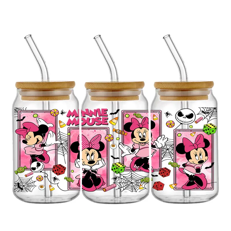 Disney Halloween Mickey Prinzessin Stich 16oz UV Dtf Tasse Wraps Transfer Aufkleber für Glas Libbey kann Flasche wasch bar DIY benutzer definierte