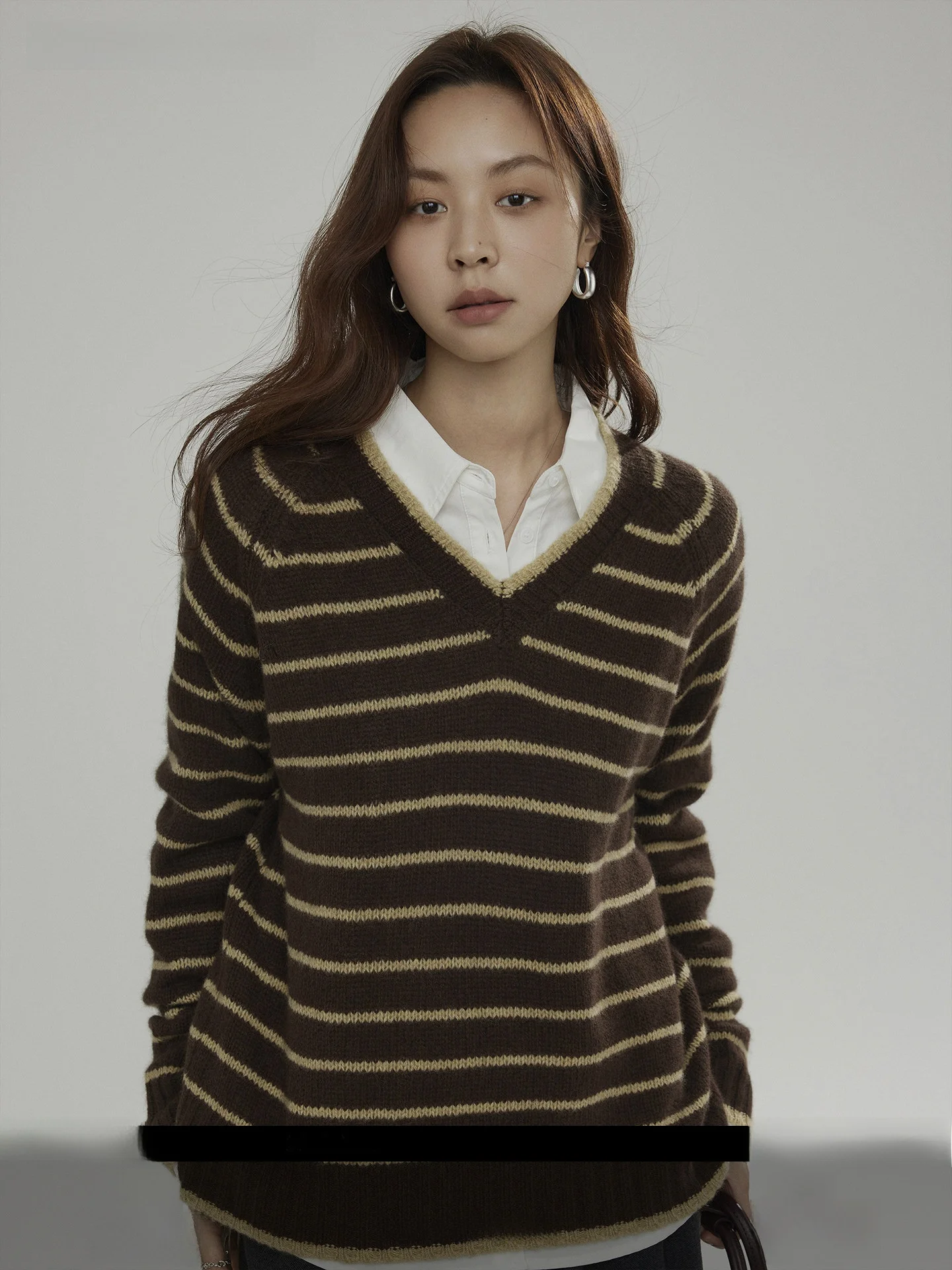 

Joli Choose Women's Woolen Knitted V-ne Sweater Casual Stripe Pattern Autumn Winter New Sle Loose Fit Long Sve Top