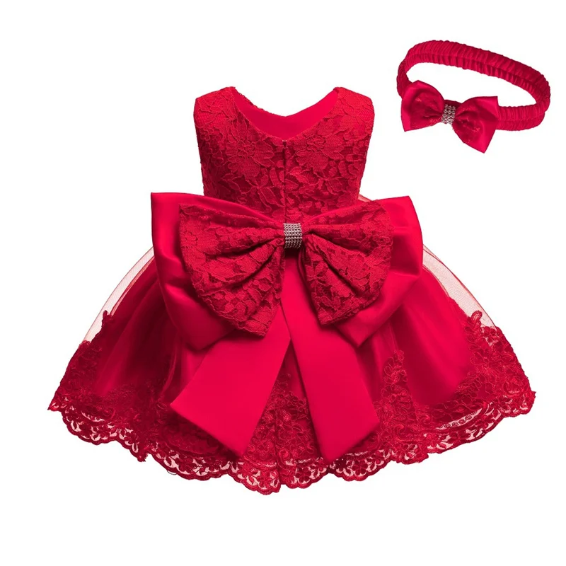 2024 Baby Girls Princess Dress Hairband 2Pcs Elegant Bow Toddler Girl 1 Years Birthday Party Lace Ball Gown Vestidos Kids Dresse