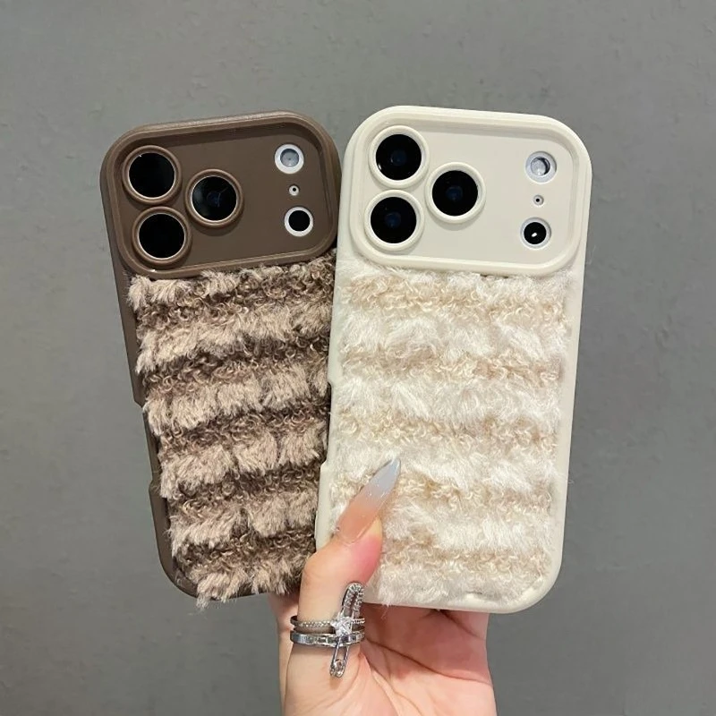 

Warm Winter Plush Phone Case For iPhone 11 Pro Max XR XS Max X SE3 SE2 8 7 6 6s Plus Cute Fluffy Stripe Soft Shockproof Cover