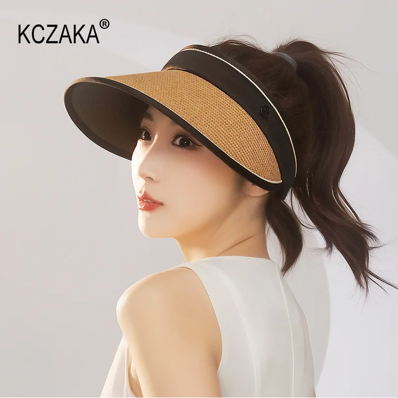 Women's Straw Sun Hat Summer Outdoor Empty Top Shade Sun Protection Beach Hats for Ladies Collapsible Wide Brim Visor Hat