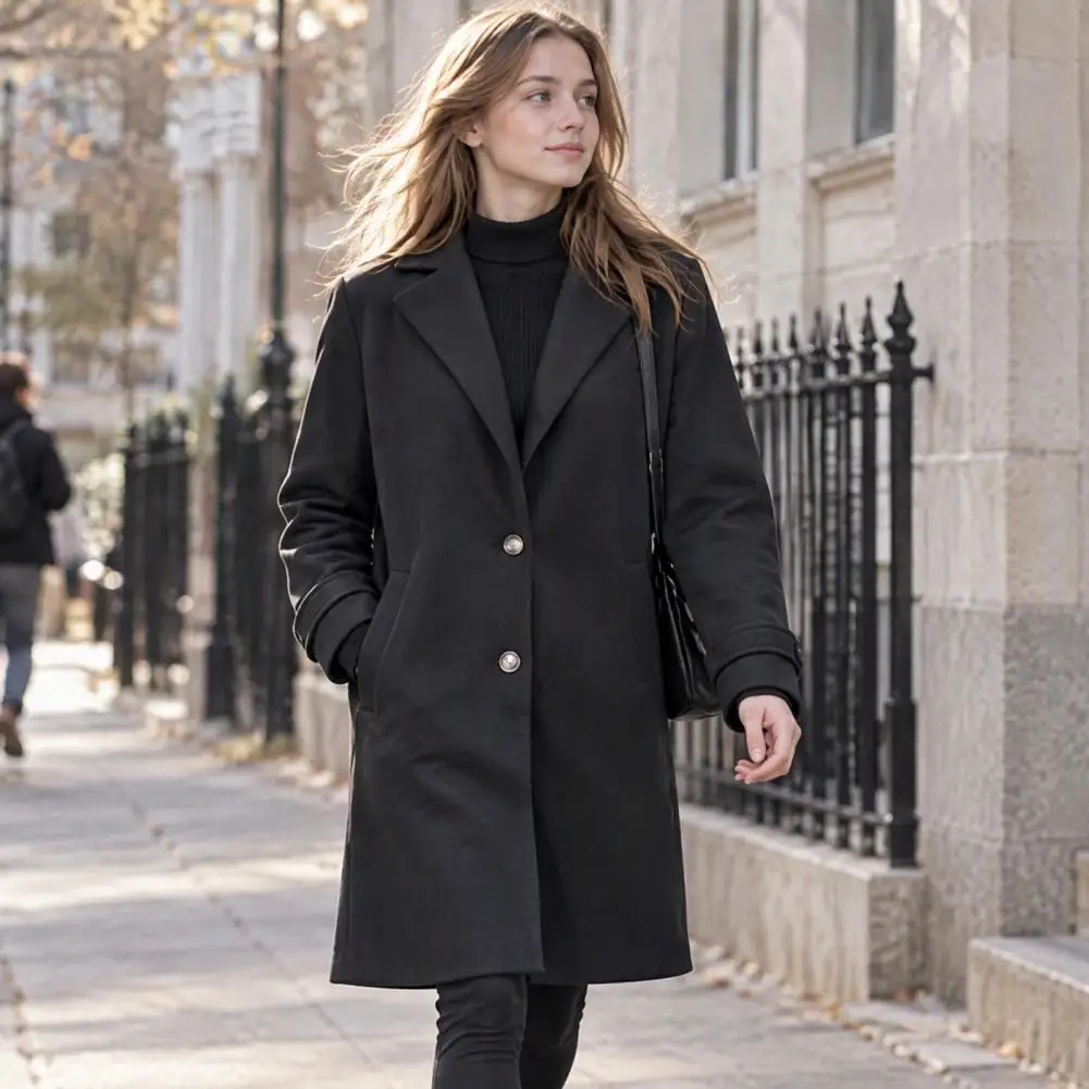 Women Fall Winter Wool Long Coat, Notch Lapel Casual Overcoat with Pockets, Single Breasted Trench Coat Mid Length Outerwear
