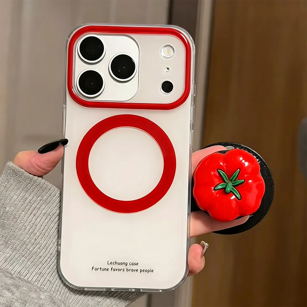 Ins Fashion 3D Tomato Pop-Socket Grip Holder White Magnetic Case For iPhone 18 17 16 15 14 13 Pro Max Phone Cover With Magsafe