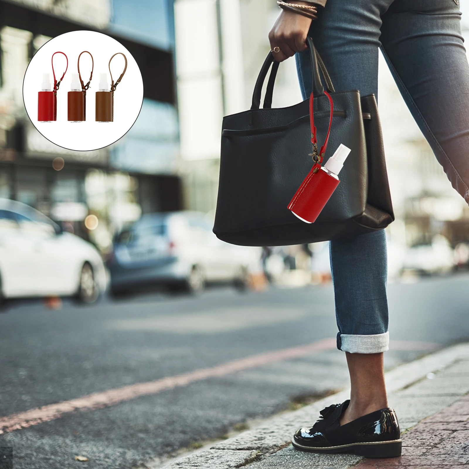 

3Sets Small Spray Bottles PU Cover Keychain Liquid Containers Portable Travel Perfume Holder Cases Empty Bottle