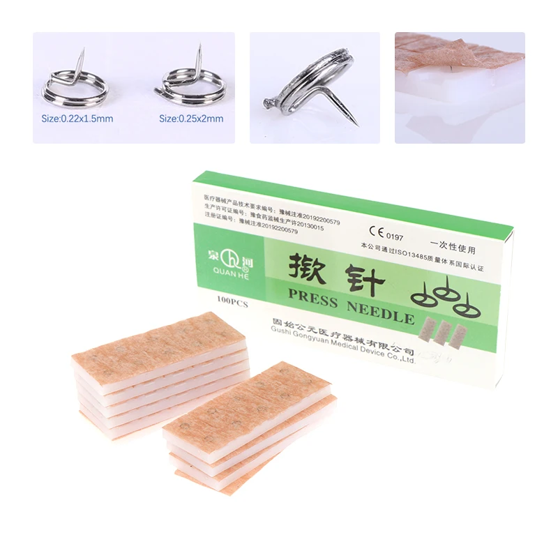 100 pçs/caixa agulhas de snapper descartáveis kit de acupressão de sementes de orelha imprensa agulha sementes de orelha acupuntura vaccaria agulhas de gesso